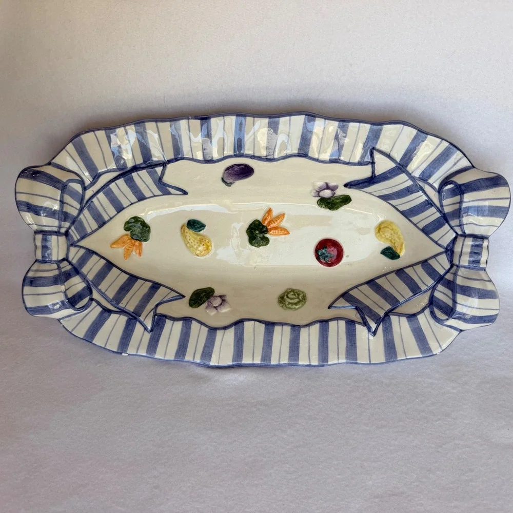 Vintage 1994 Fitz & Floyd Ceramic Serving Tray Vegetable Ribbon Cottagecore